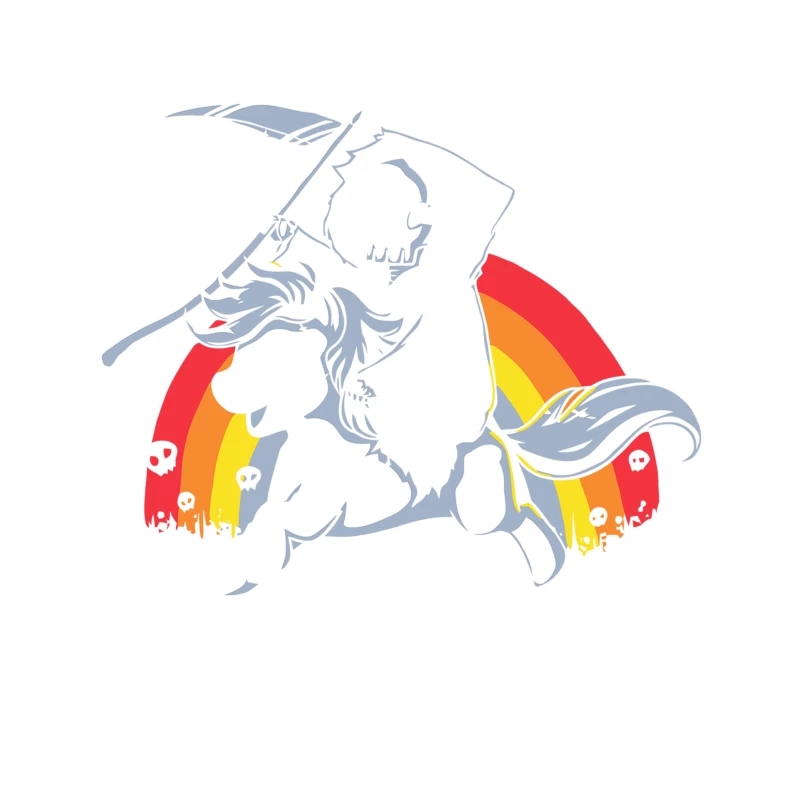 Colorful Cartoon Grim Reaper with Rainbow Tapestry