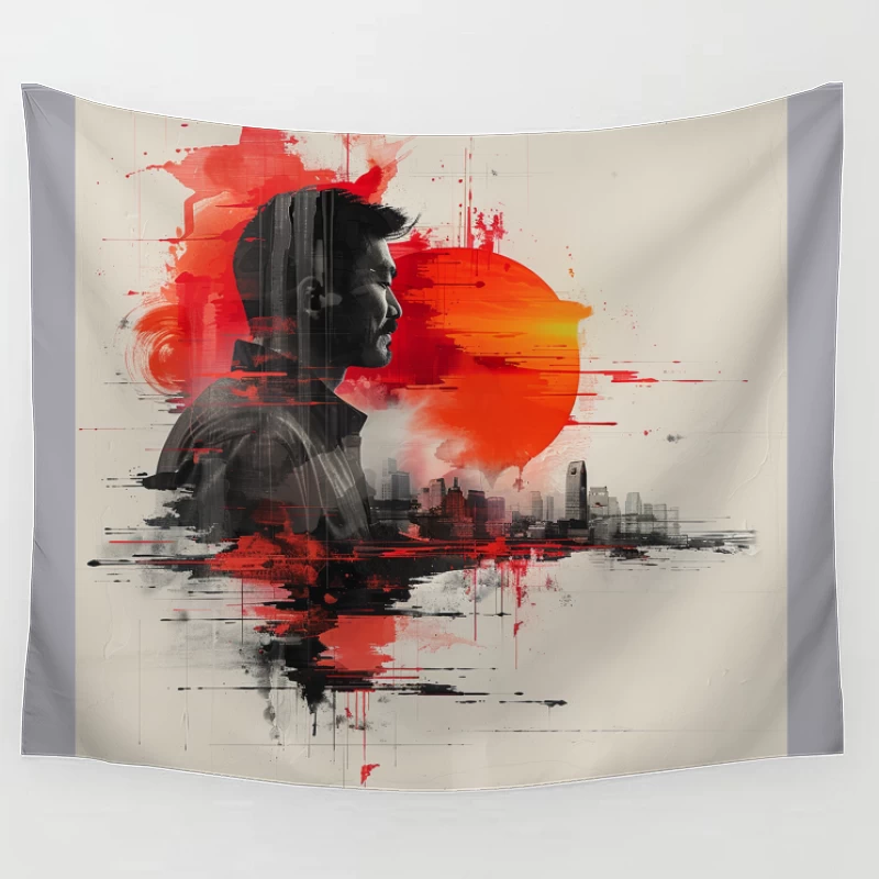 Urban Silhouette in Crimson Sunset Tapestry