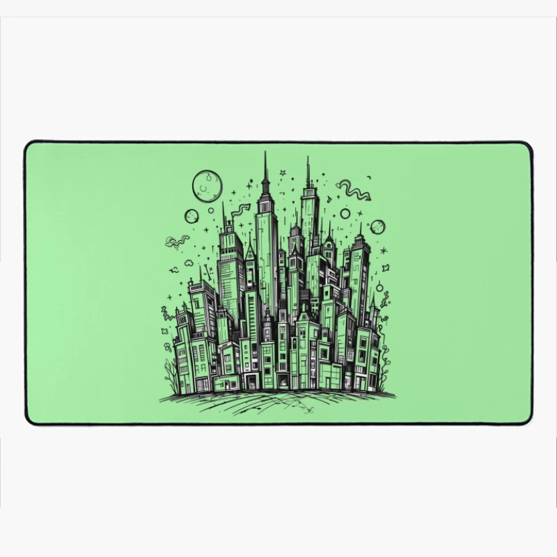 Urban Black and White Cityscape Illustration Desk Mat