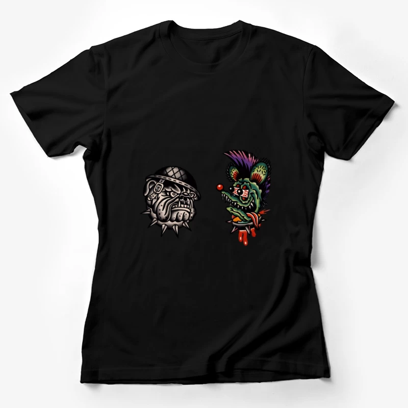 Retro Tattoo Designs mit Bulldogge und Ratte Damen T-Shirt