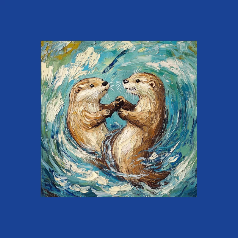 Playful Otters Swimming in Swirling Waters Art Painting Female T-Shirt