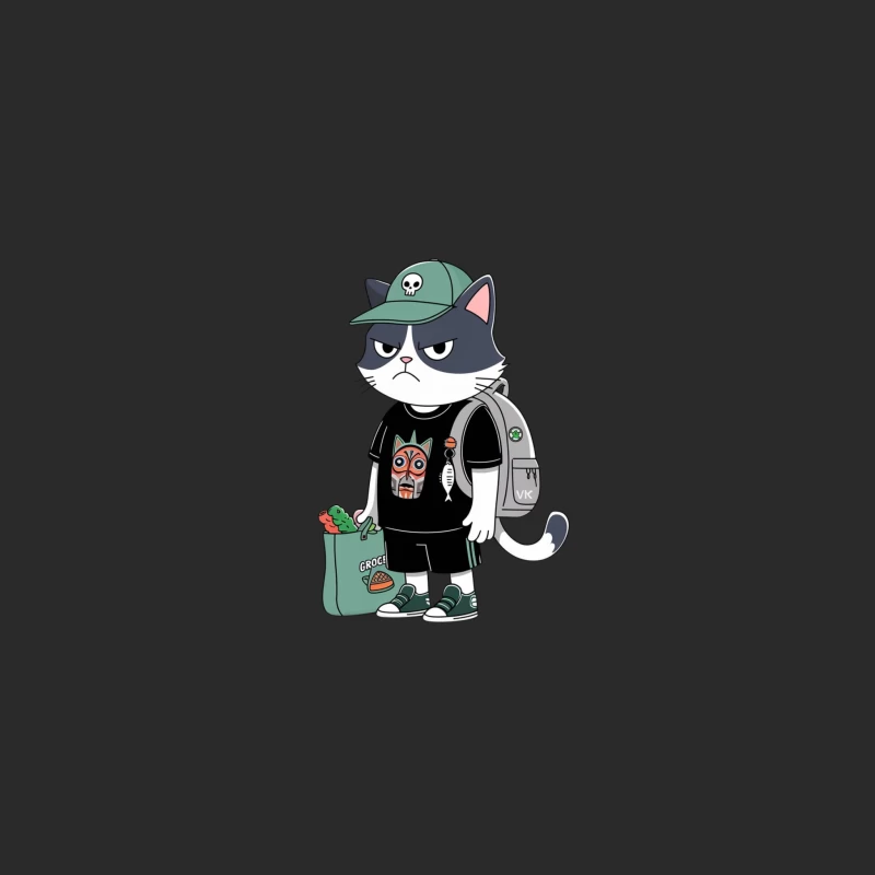 Grumpy Street Style Cat with Skull Cap and Groceries Baseball Cap