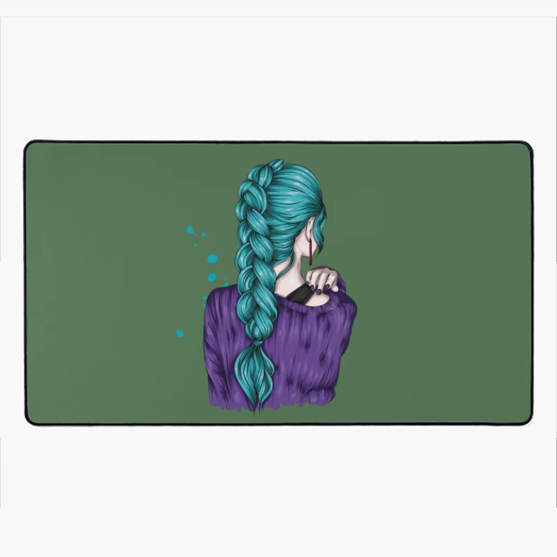 Teal Braided Hair Fashion Illustration Desk Mat
