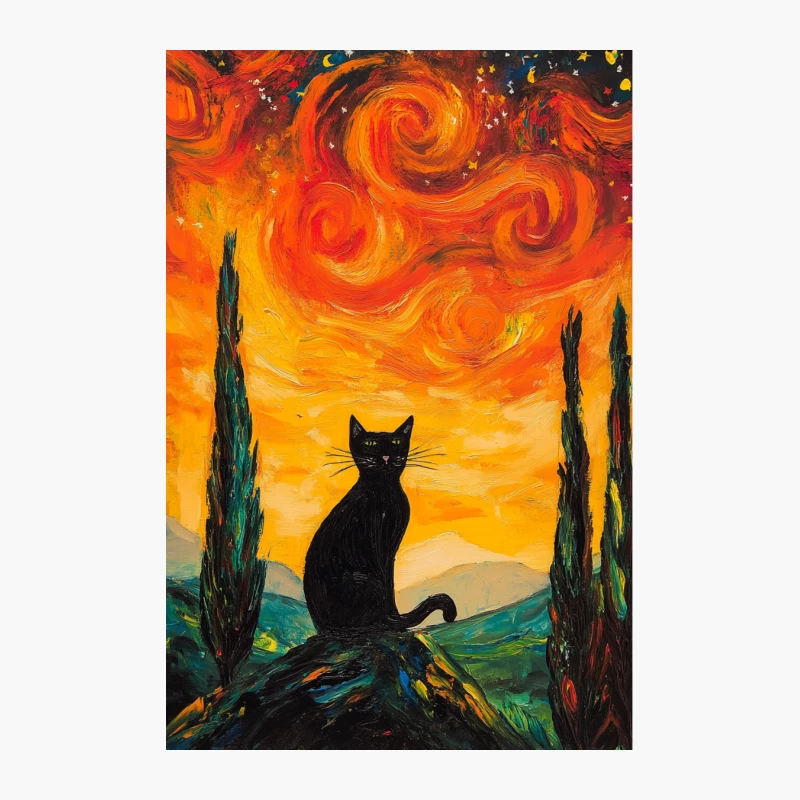 Surreal Cat Painting in Van Gogh's Starry Night Style Cotton Tote Bag