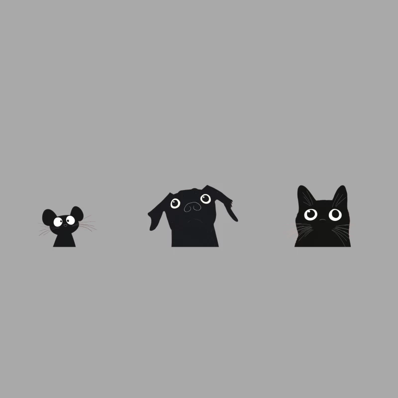 Minimalist Black and White Cartoon Animals: Mouse, Dog, and Cat Male Pullover Hoodie
