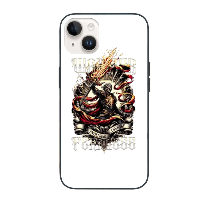 Unyielding Courage: Dark Fantasy Warrior with Flaming Sword iPhone Case