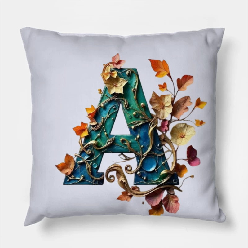 Ornate Teal Letter A with Autumn Floral Embellishments Throw Pillow