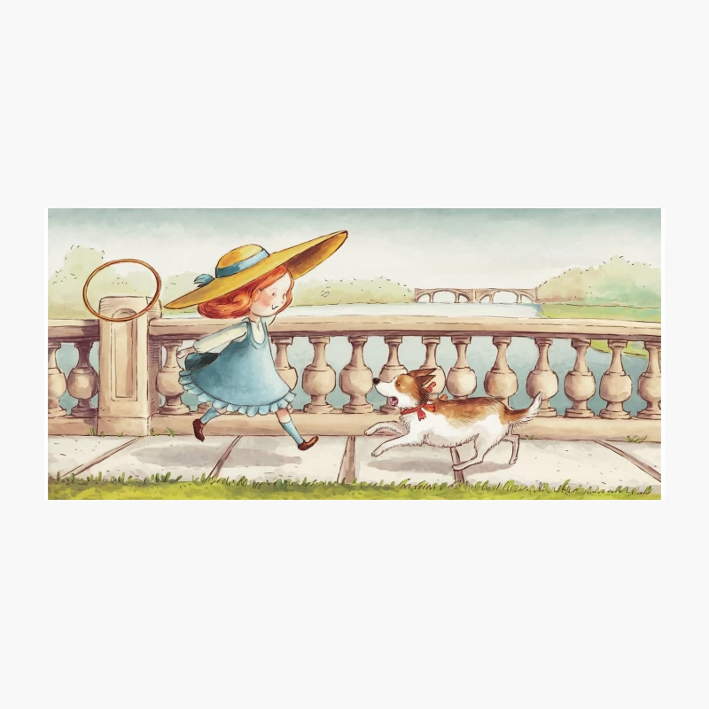 Whimsical Stroll: Girl and Dog's Riverside Adventure Coffee Mug
