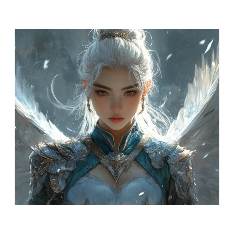 Ethereal Angel Warrior with White Hair and Blue Armor Tapestry