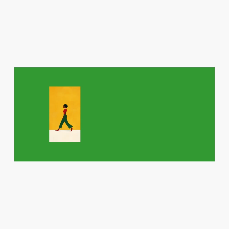 Vibrant Minimalist Illustration: Stylish Woman Walking Coffee Mug