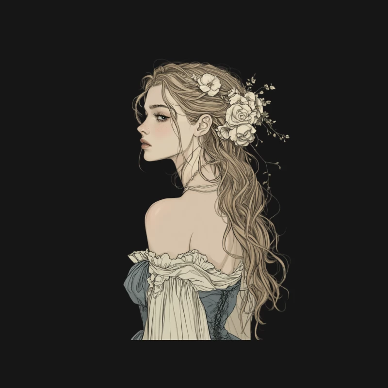 Romantic Vintage-Style Illustration of Woman with Floral Hair Adornment Mouse Pad