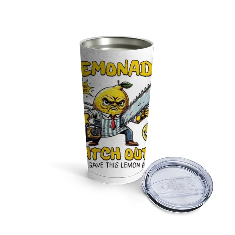 Angry Cartoon Lemon with Chainsaw: "Life Gave This Lemon a Saw" Travel Mug