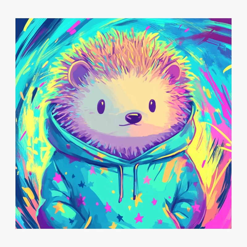 Cute Hedgehog in Star-Patterned Hoodie with Neon Colors Digital Art Throw Pillow