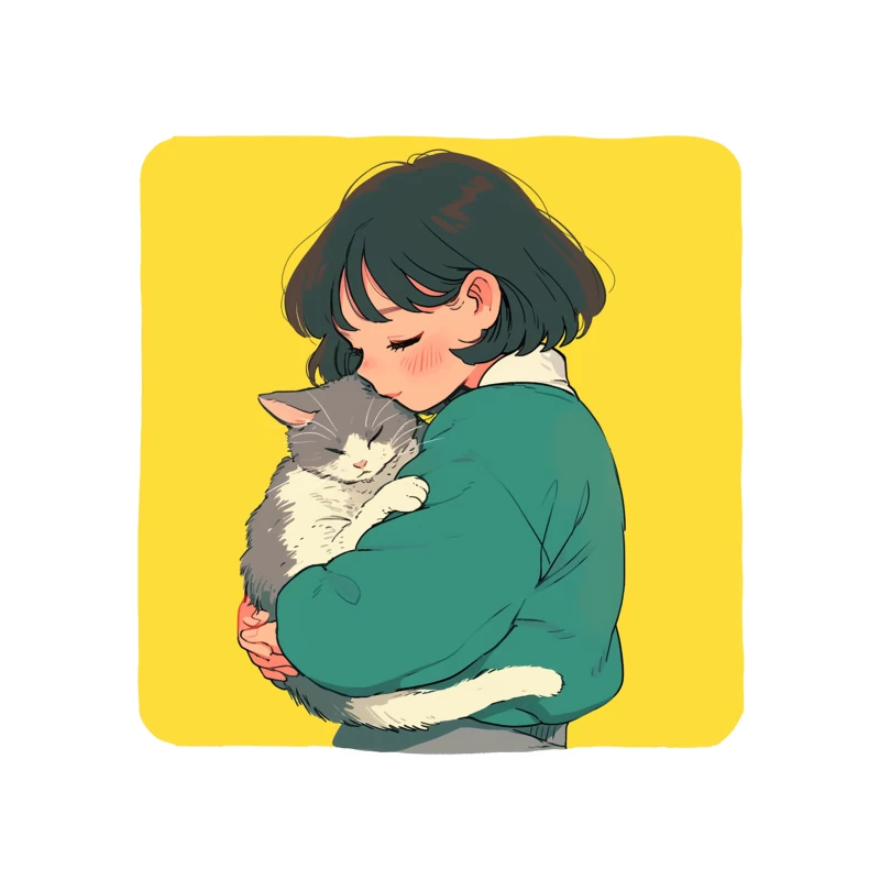 Gentle Embrace: Girl in Green Cuddling Gray Cat Tapestry