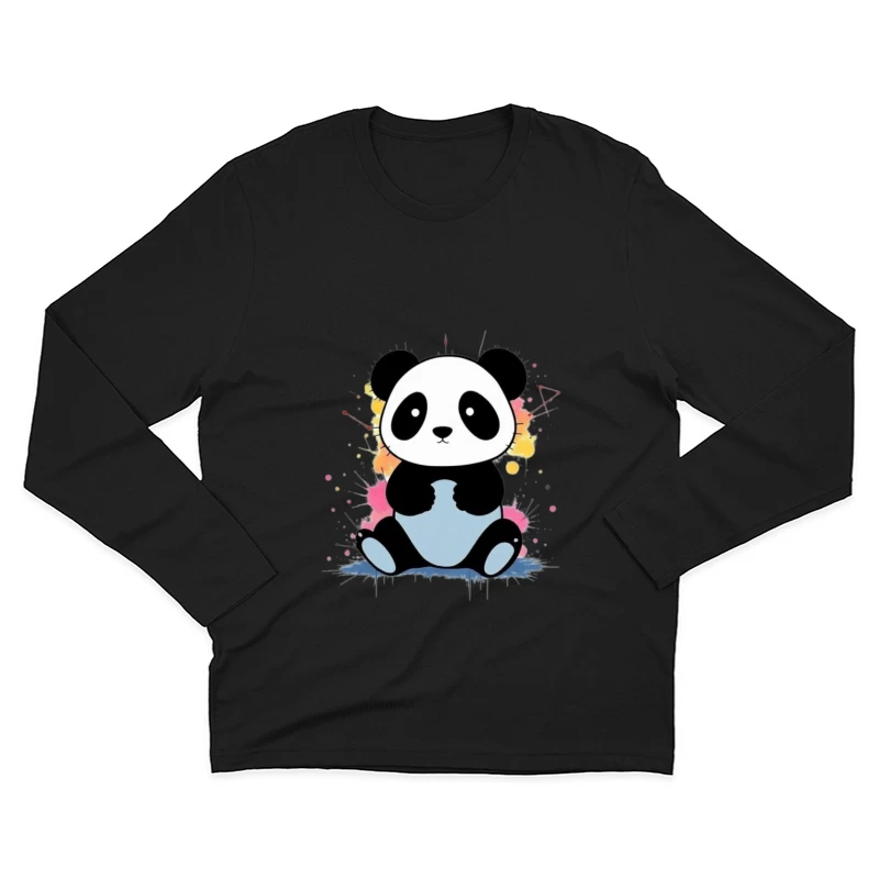 Adorable Cartoon Panda with Watercolor Splash Background Male Long Sleeve T-Shirt