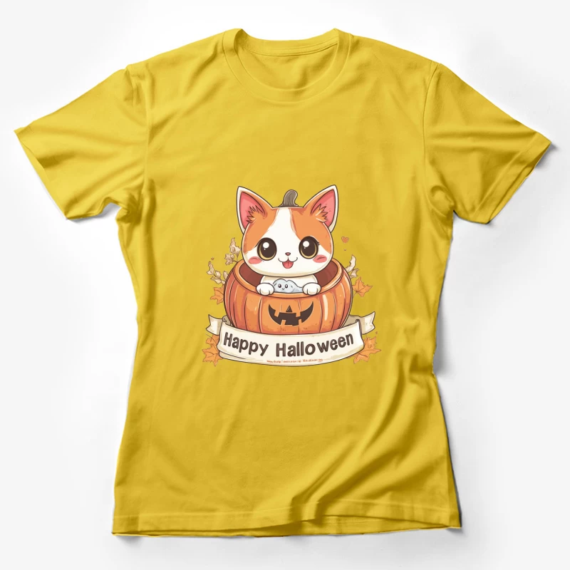 Adorable Cartoon Cat in Halloween Pumpkin with Autumn Leaves Female T-Shirt