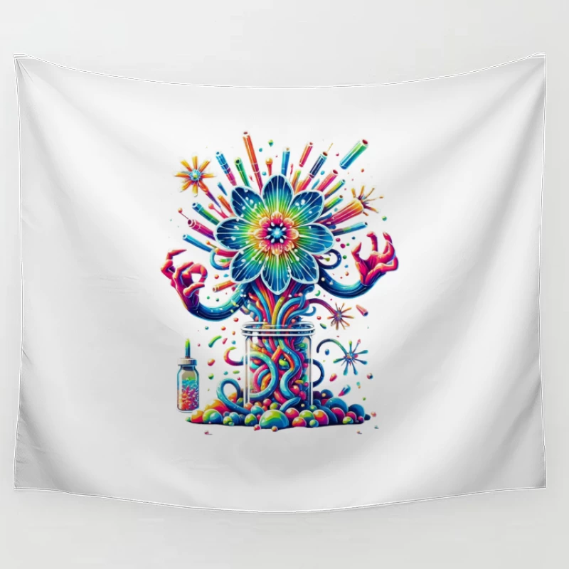 Vibrant Rainbow Flower Explosion from Mason Jar Tapestry