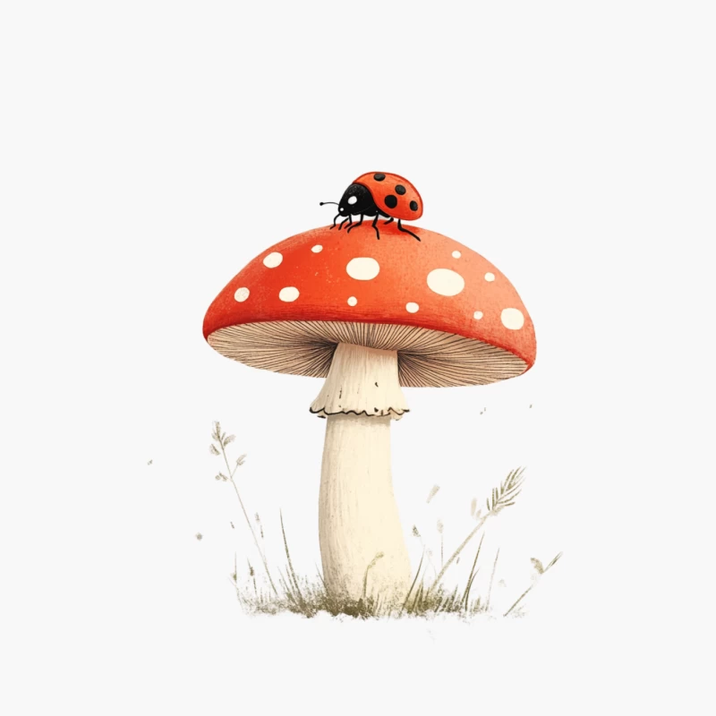 Whimsical Amanita Muscaria with Ladybug: A Nature Illustration Cotton Tote Bag
