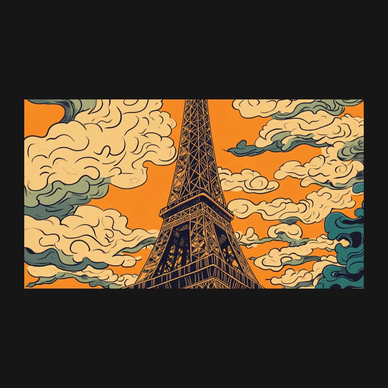 Stylized Eiffel Tower Illustration with Orange Sky and Swirling Clouds Desk Mat