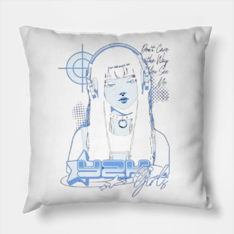 Blue Monochrome Gothic Anime Girl with Headphones Throw Pillow