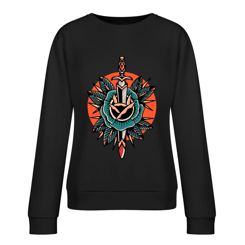 Decorative Sword and Rose Illustration Female Pullover Sweatshirt