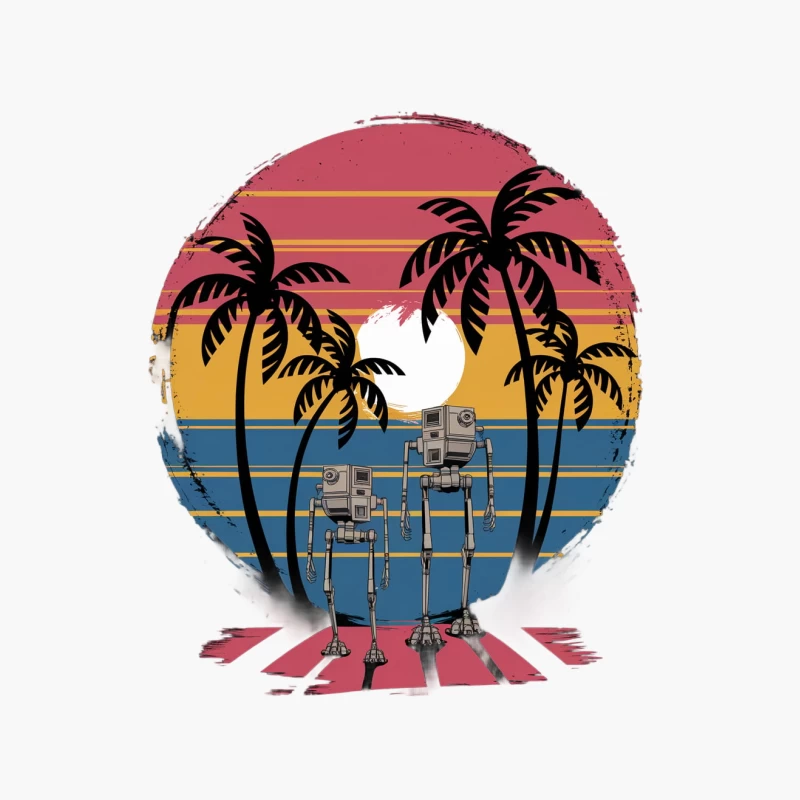 Retro Tropical Star Wars AT-AT Sunset Beach Art Cotton Tote Bag
