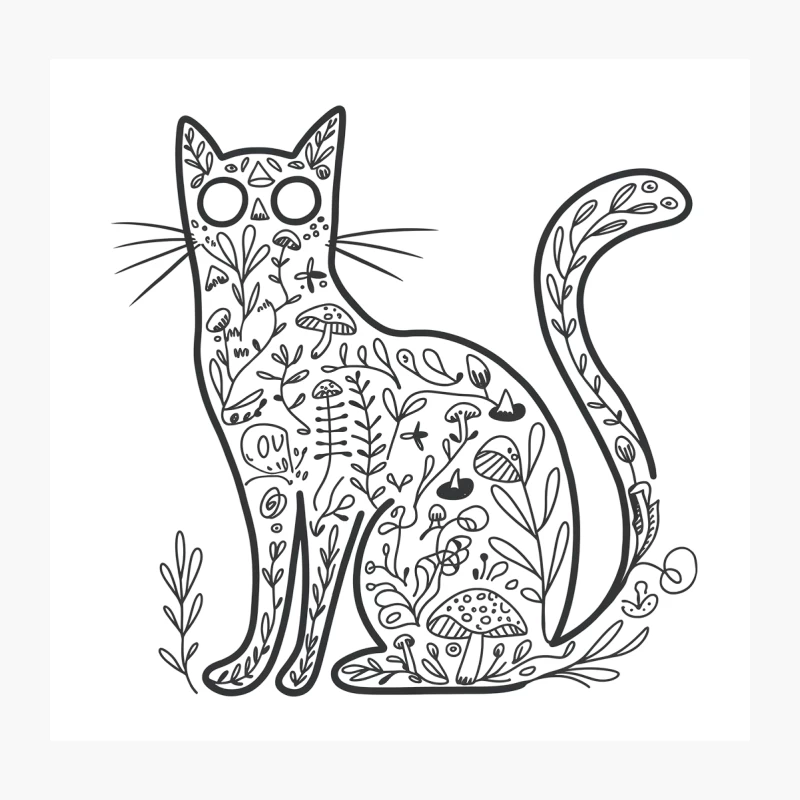 Whimsical Cat Illustration with Nature-Inspired Patterns Throw Pillow
