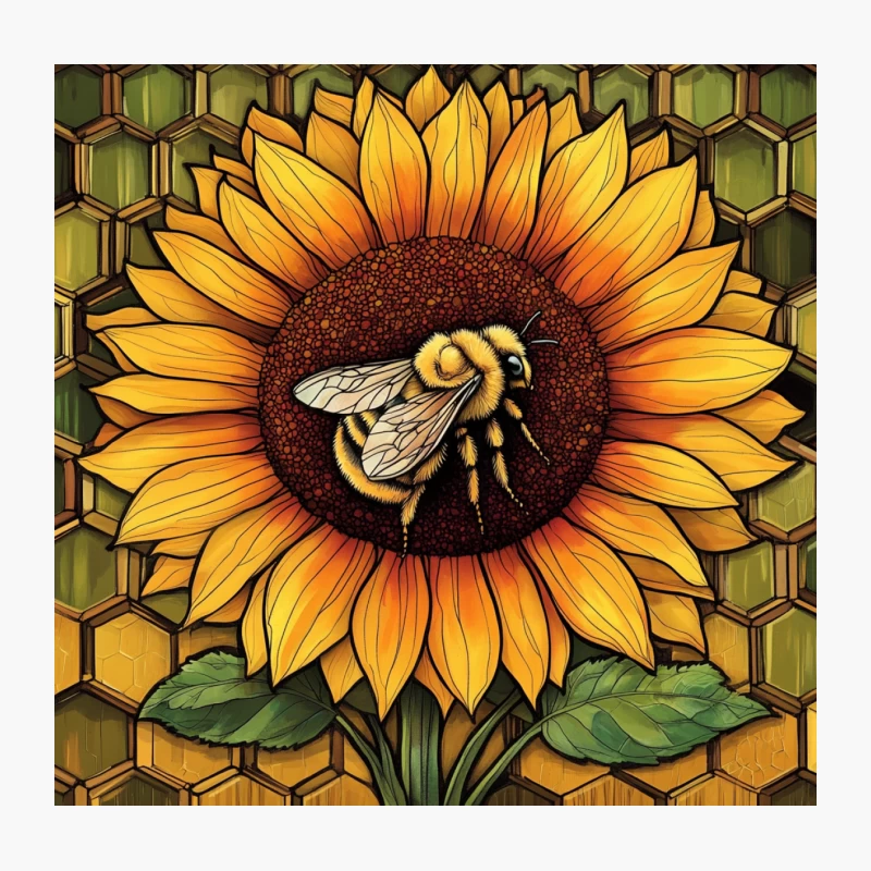 Artistic Honeybee on Sunflower with Honeycomb Background Throw Pillow