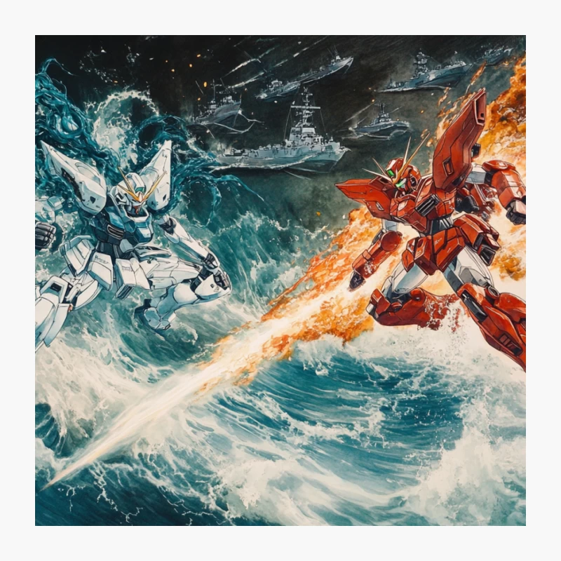 Epic Mecha Battle: Fire and Ice Clash in Stormy Seas Pin