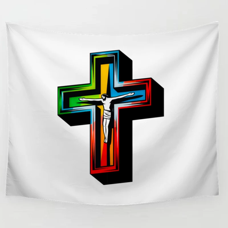 Colorful Modern Christian Cross with Crucifixion Tapestry