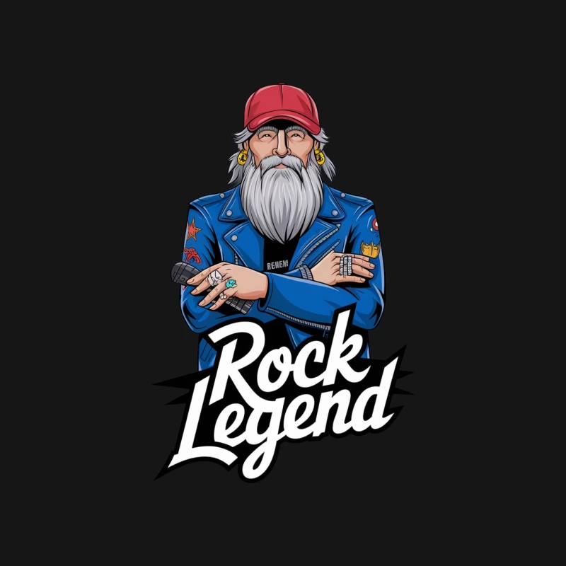 Bearded Rock Legend Character in Blue Leather Jacket and Red Cap Male Long Sleeve T-Shirt