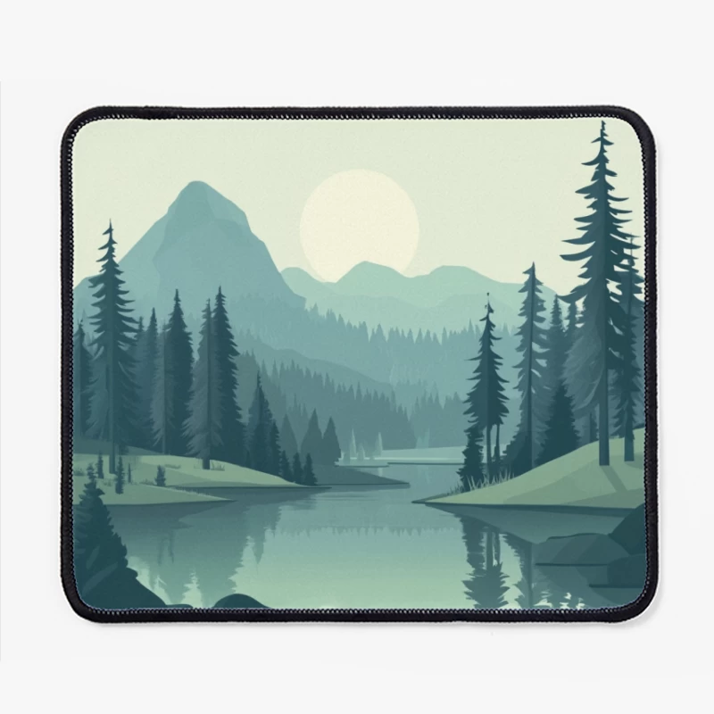 Serene Mountain Lake Sunset Reflection in Forest Landscape Mouse Pad