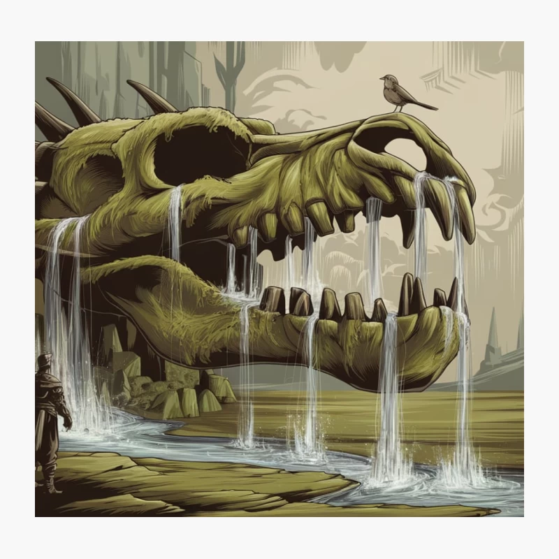 Surreal Dinosaur Skull Waterfall in Fantasy Ruins Throw Pillow