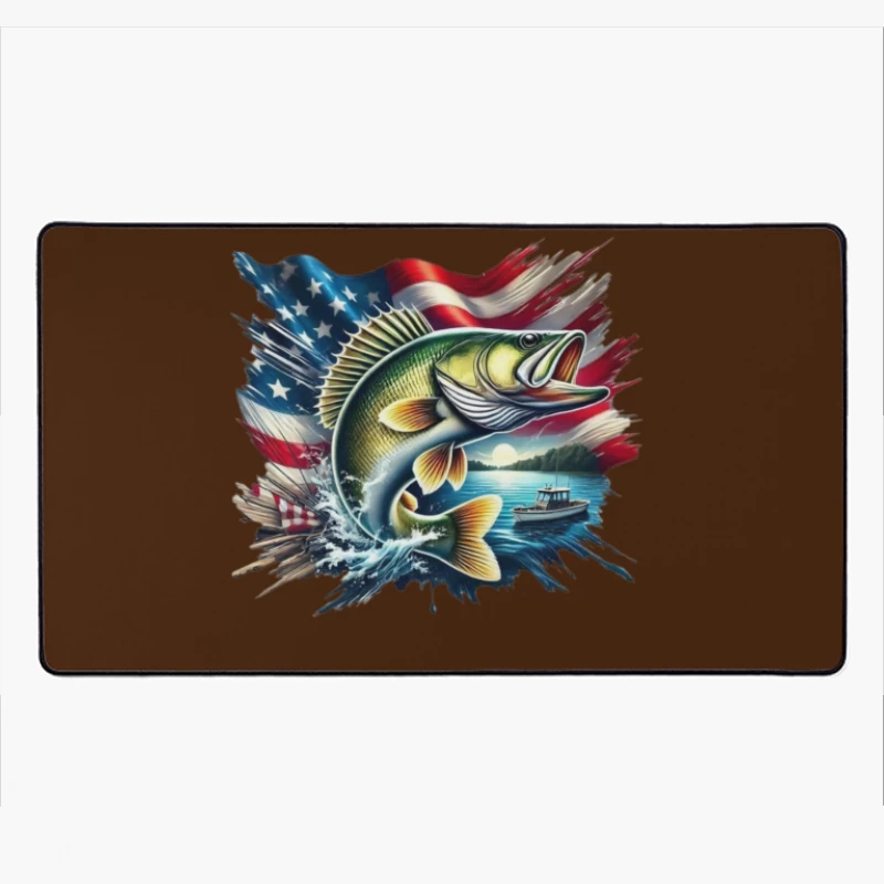 Dynamic Fish with American Flag and Scenic Background Desk Mat