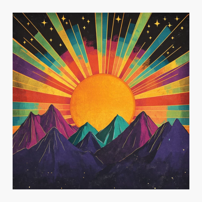 Psychedelic Mountain Sunset: Retro Colorful Abstract with Stars Pin