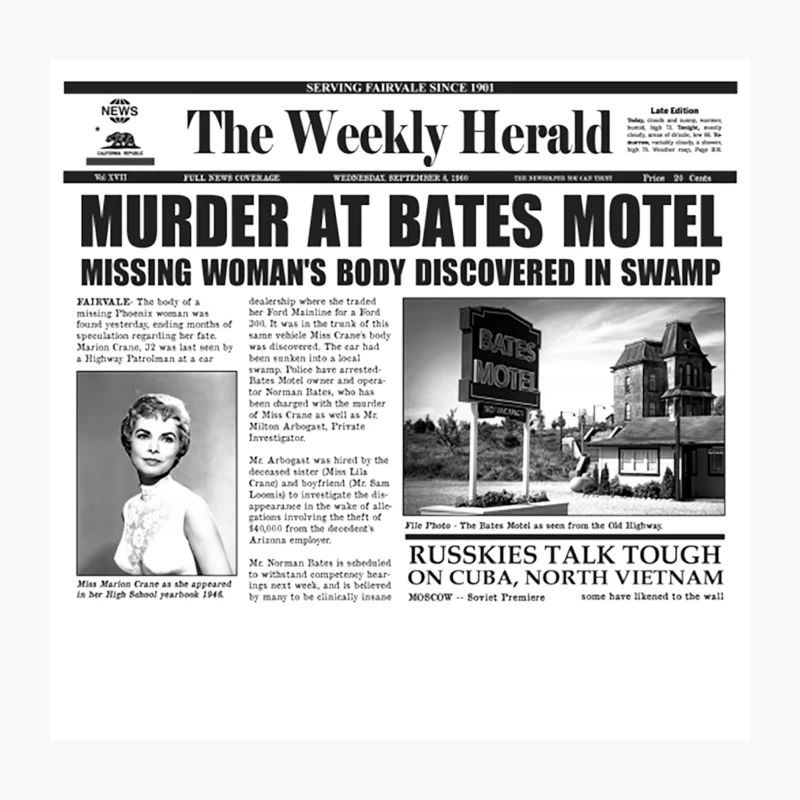 Murder at Bates Motel Newspaper Throw Pillow