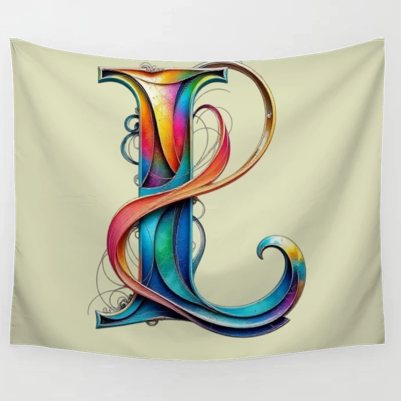 Ornate Rainbow Letter P with Decorative Swirls Tapestry