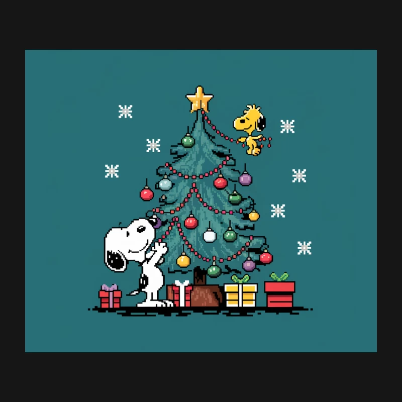 Snoopy and Woodstock Decorating Christmas Tree in Pixel Art Style Mouse Pad