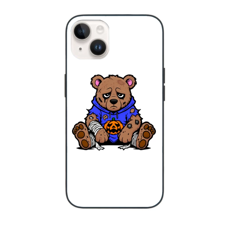 Sad Injured Teddy Bear in Blue Hoodie with Halloween Pumpkin iPhone Case