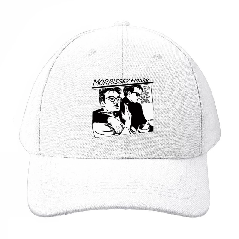 Black and White Comic Style Portrait of Morrissey and Marr with Dark Humor Quote Baseball Cap