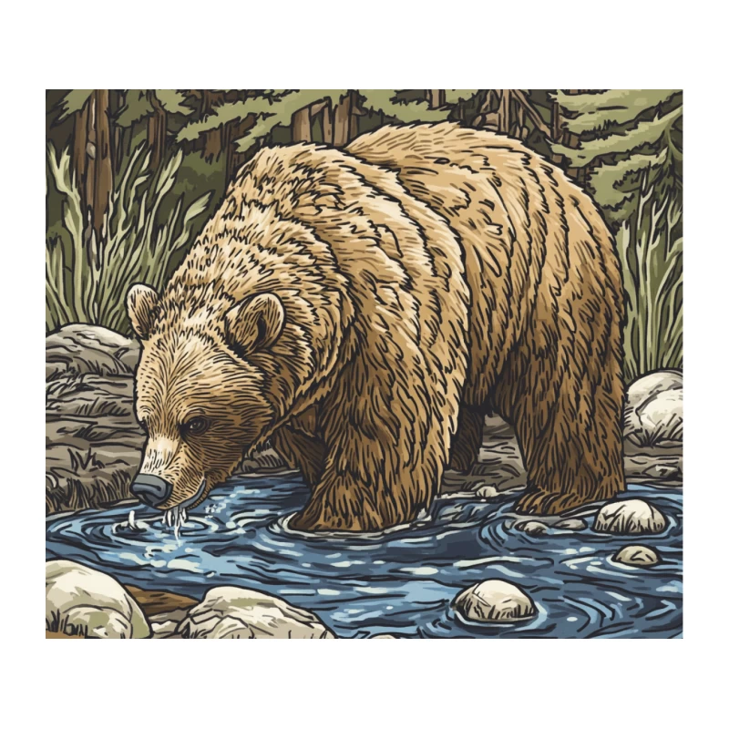 Grizzly Bear Fishing in Forest Stream: Wilderness Illustration Tapestry