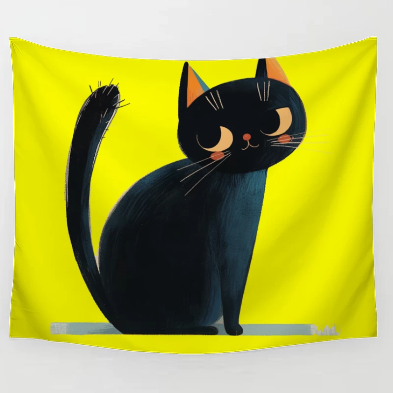 Adorable Black Cat Cartoon Illustration with Orange Ears Tapestry