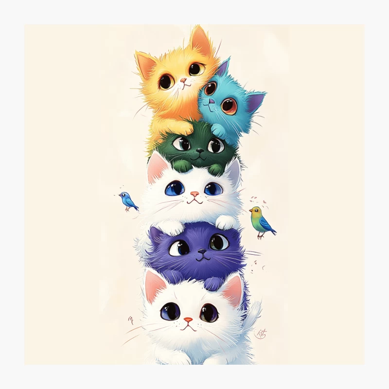 Cute Colorful Cartoon Cats and Birds Illustration Pin