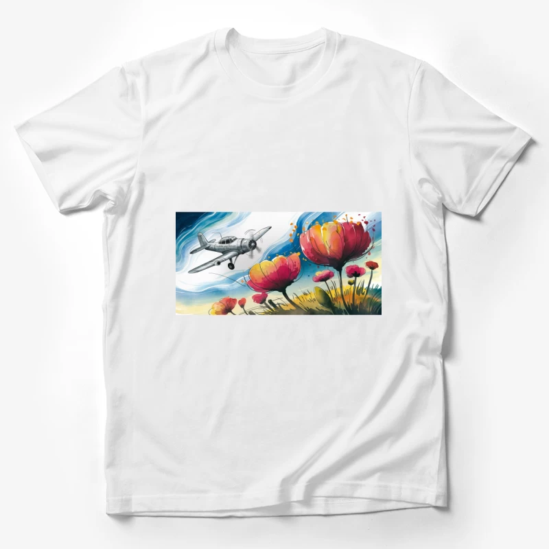 Surreal Illustration: Airplane Soaring Over Vibrant Poppies Male T-Shirt
