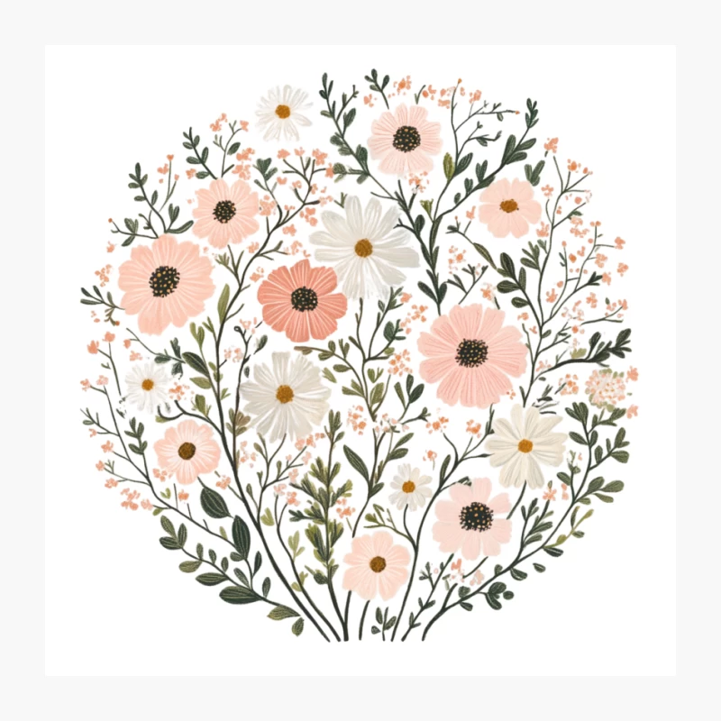 Whimsical Pastel Floral Circular Illustration Pin