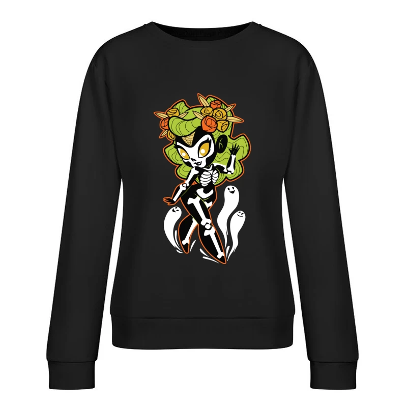 Ghostly Floral Skeleton Character Female Pullover Sweatshirt