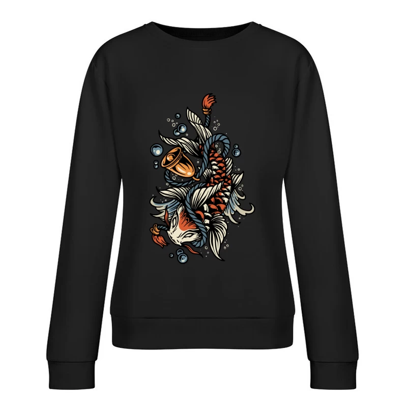 Koi Fish Tattoo Illustration with Bubbles Female Pullover Sweatshirt