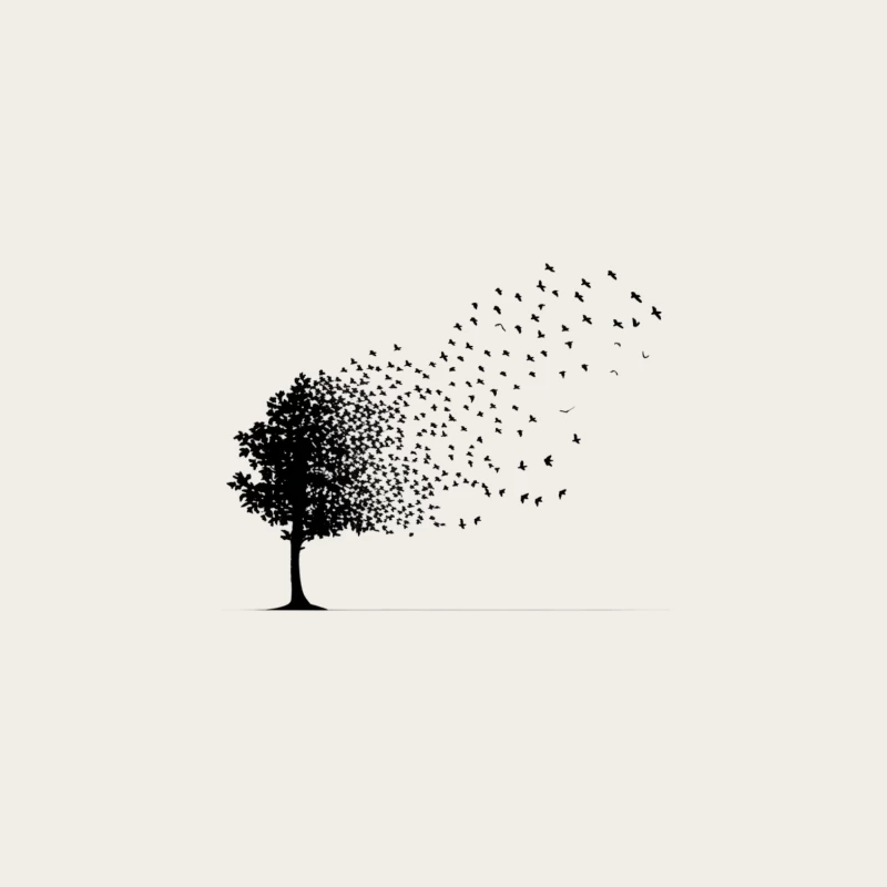 Silhouette Tree Transforming into Flying Birds: A Minimalist Nature Artwork Bucket Hat