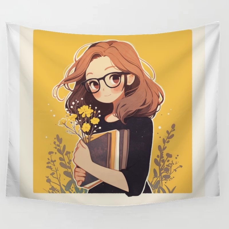 Bookish Girl with Yellow Flowers - Anime Style Illustration Tapestry