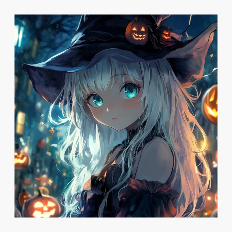 Enchanting Halloween Night: Anime Witch with Glowing Eyes Amidst Jack-o'-Lanterns Pin